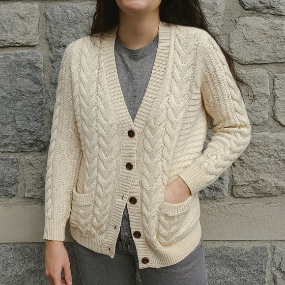 GAP Sweaters - Vintage Gap Cable Knit Cardigan Sweater Womens Small Cream Cotton Wool Preppy